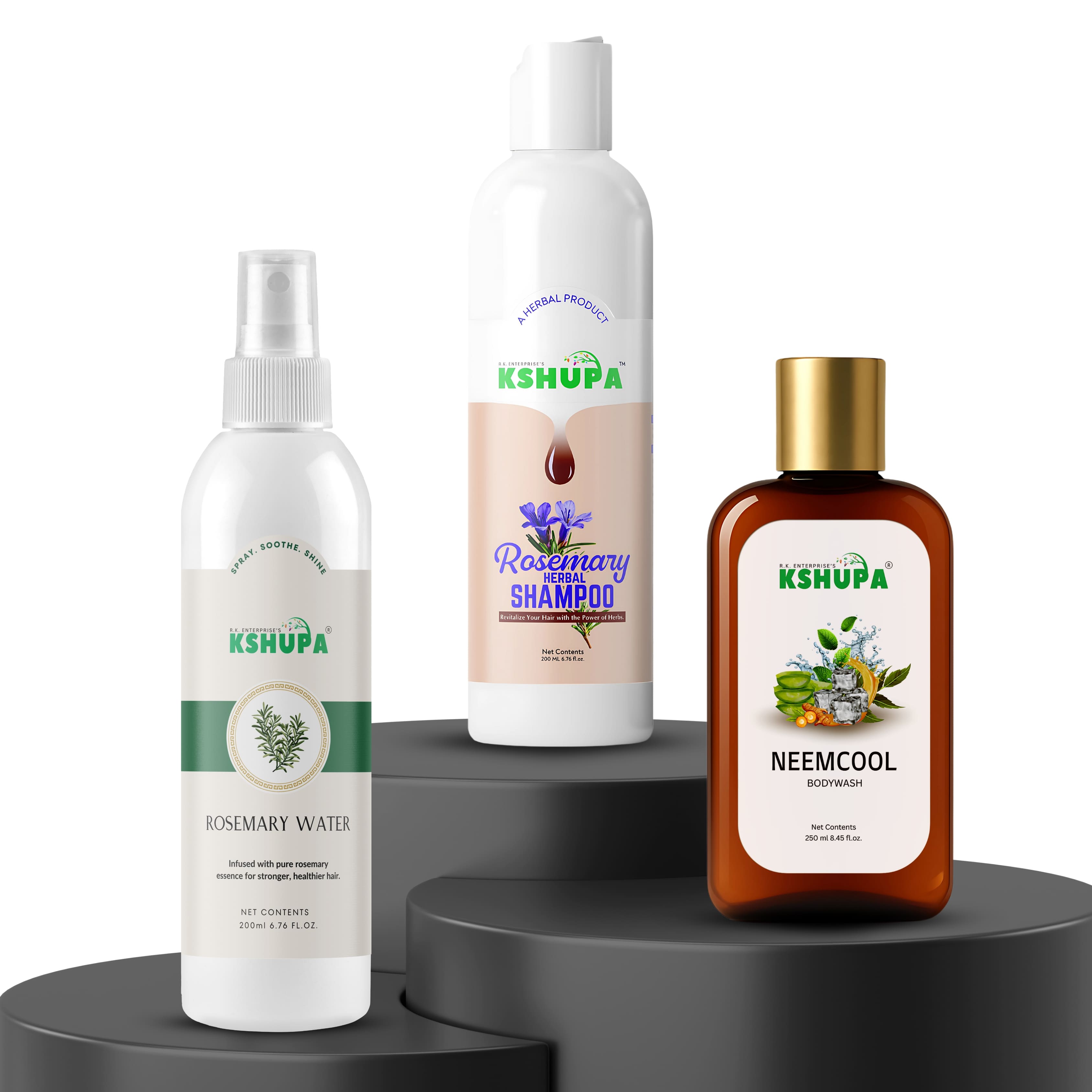 HERBAL HAIR & BODY CARE TRIO | Rosemary Water + Rosemary Shampoo + Neem Cool Body Wash | Complete Herbal Care Combo