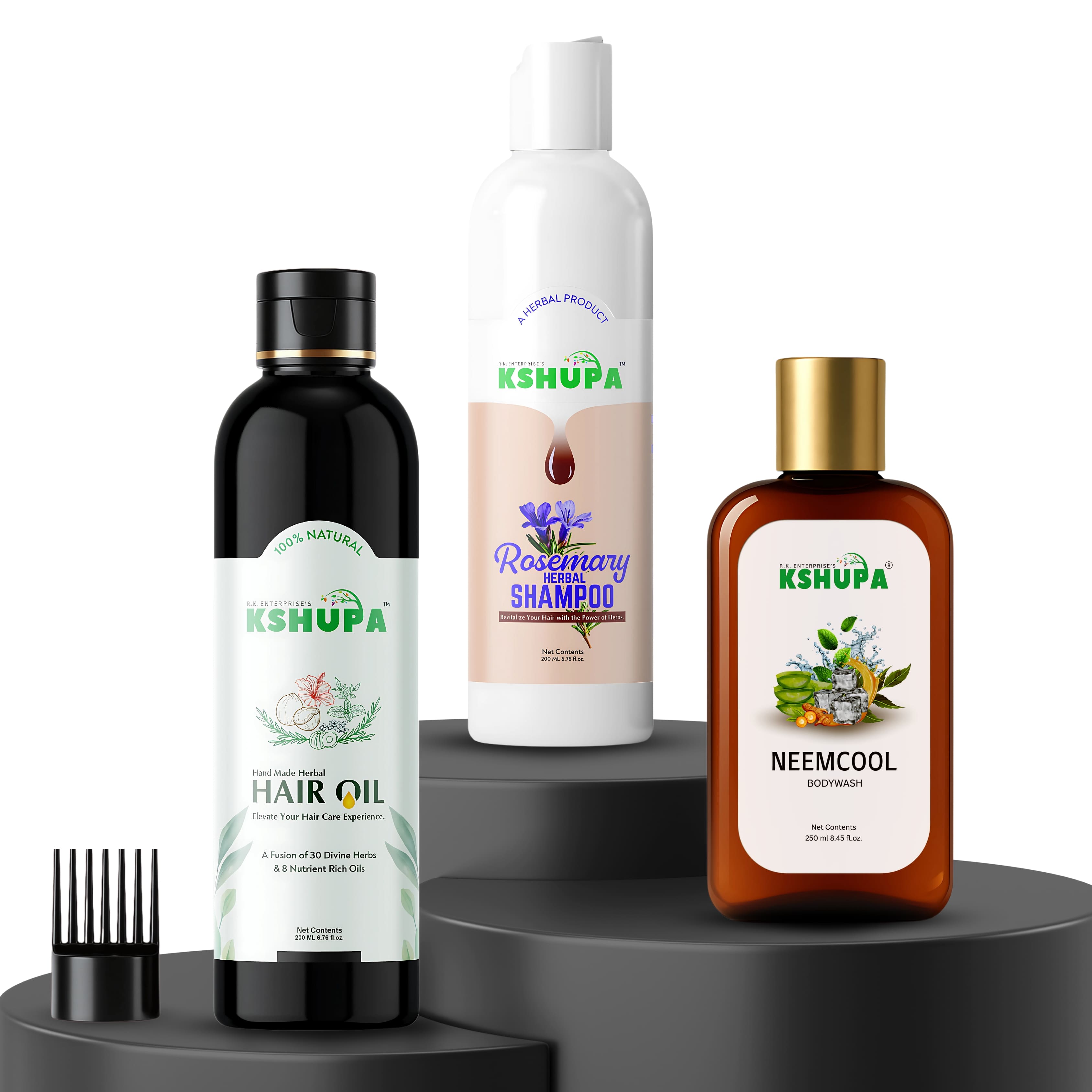 HERBAL TRIO PACK | Handmade Herbal Hair Oil (200ml) + Rosemary Shampoo (200ml) + Neem Cool Body Wash (250ml) | Complete Hair & Body Care Combo