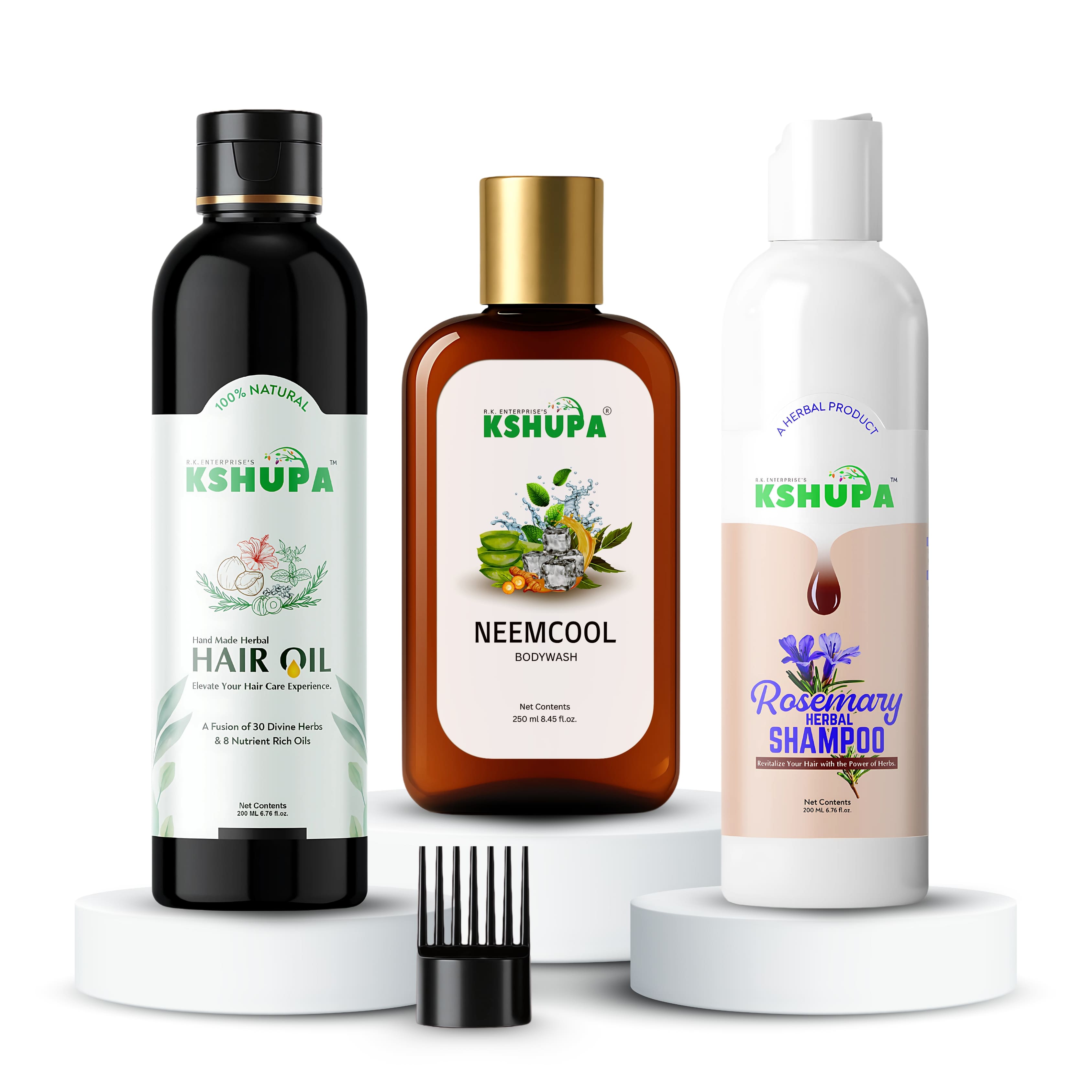 HERBAL TRIO PACK | Handmade Herbal Hair Oil (200ml) + Rosemary Shampoo (200ml) + Neem Cool Body Wash (250ml) | Complete Hair & Body Care Combo