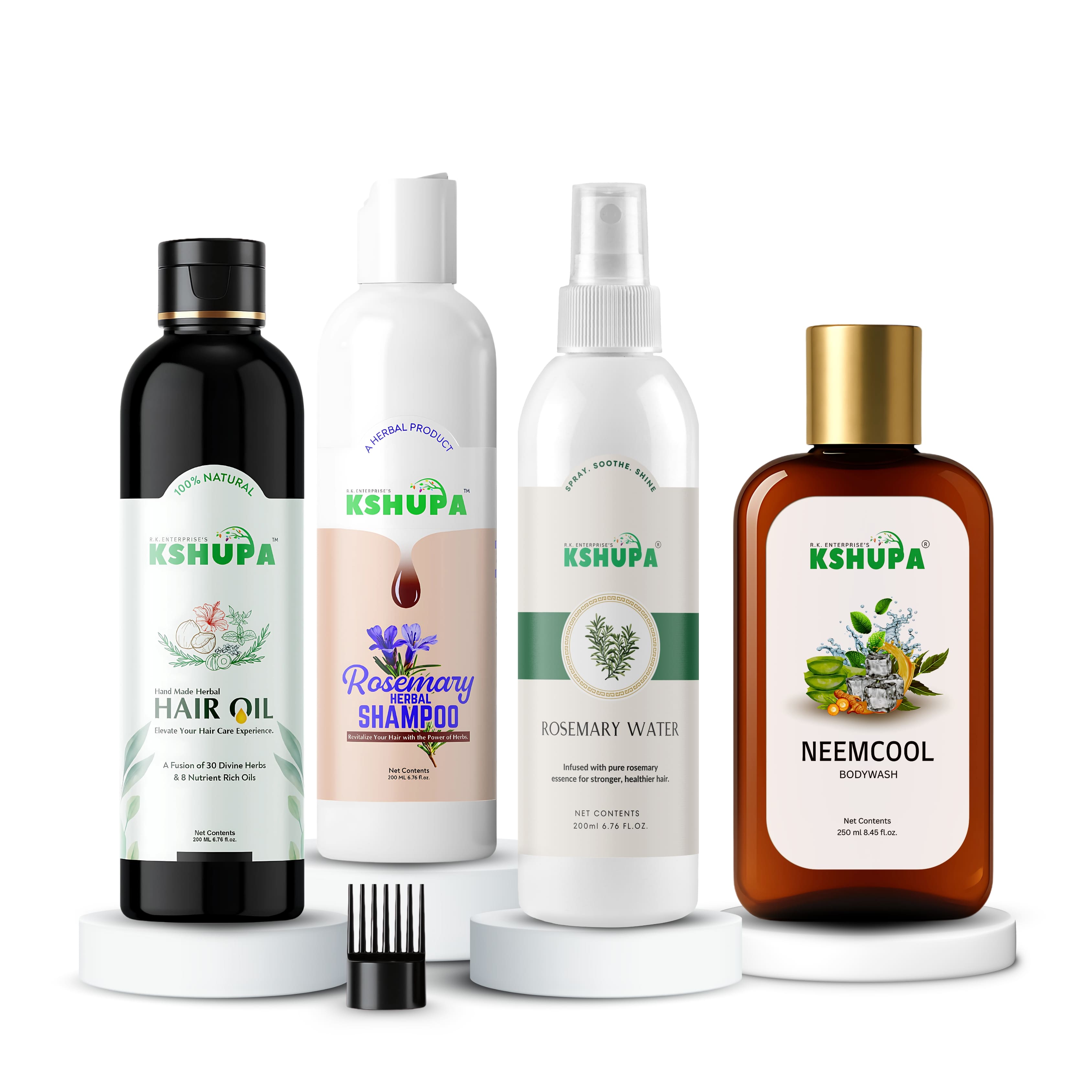 HERBAL QUAD COMBO | Rosemary Water (200ml) + Rosemary Shampoo (200ml) + Neem Cool Body Wash (250ml) + Handmade Herbal Hair Oil (200ml) | Complete Ayurvedic Hair & Body Care